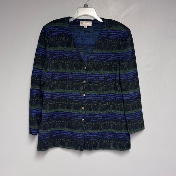 St. John Blue black Green Cardigan sweater size 16 women’s vintage shimmer